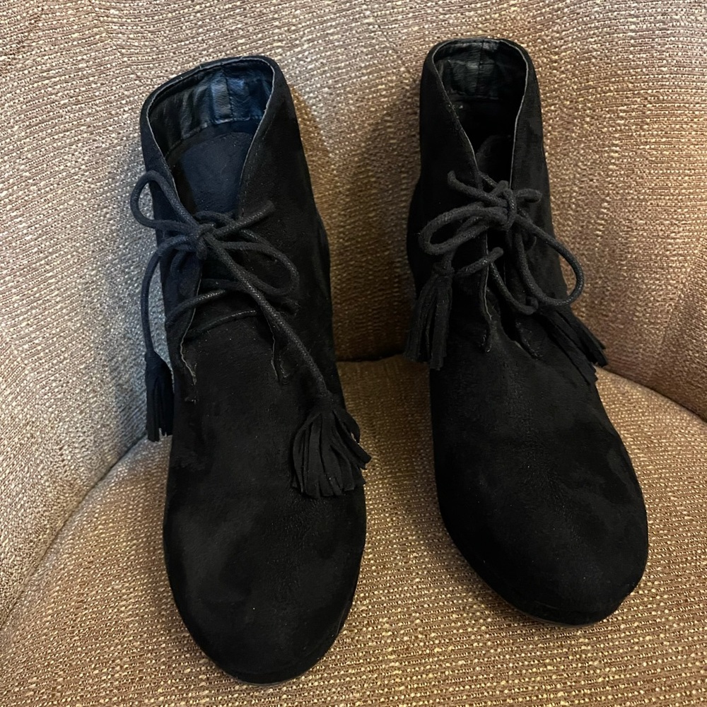 Wedge heel booties with tassel ties